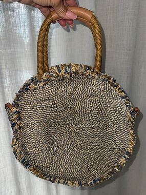 Zara Round Woven Tote in Natural, Blue and Tan